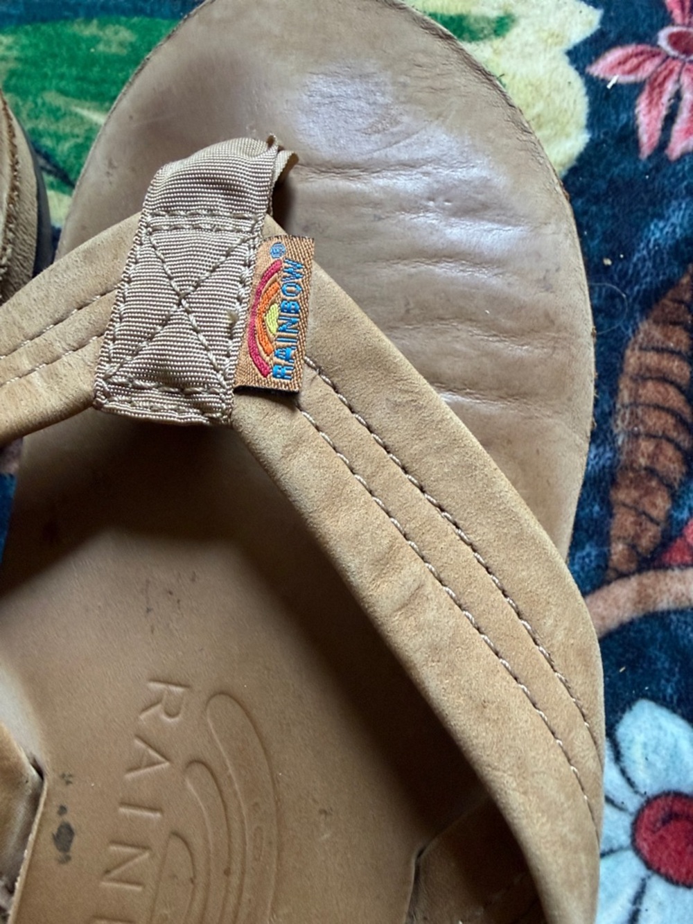 Rainbow Tan Suede Thong Sandals with Embroidered Logo